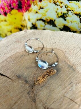 Silver Hoop Earrings Iridescent Bead Handmade Lightweight